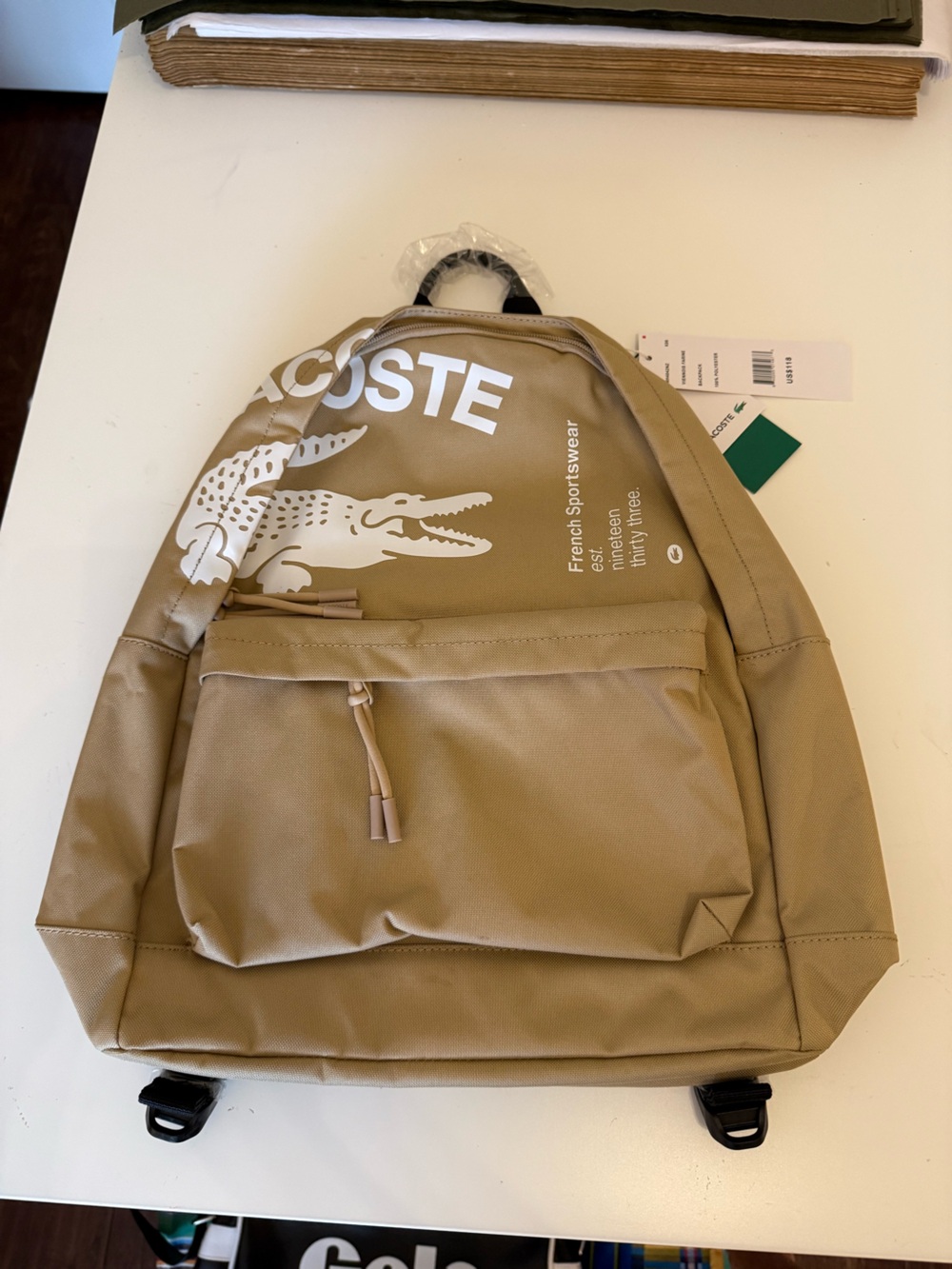Lacoste Men's Beige Backpack with White Crocodile Logo New with tags